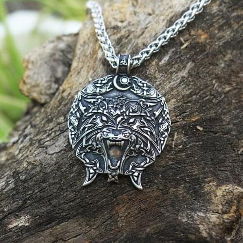 10pcs Men stainless steel viking wolf head pendant celt wolf necklace norse talisman moon and sun ethnic jewelry