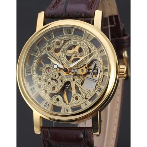 50pcs/lot winner-D160 brown strap mechanical watch skeleton winner watch hollow out leather watch for men wholesale watch