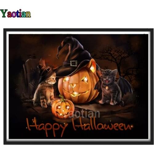 Diamond Embroidery Happy Halloween Diy Diamond Painting Cross Stitch Kits Cat And Pumpkin Mosaic Accessories Adult Crafts Decor