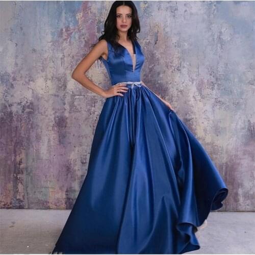 Long Evening Dress 2020 Satin Sleeveless Blue A-Line Sexy V-Neck With Belt Simple Women Formal Party Gowns Brilliant Custom Made