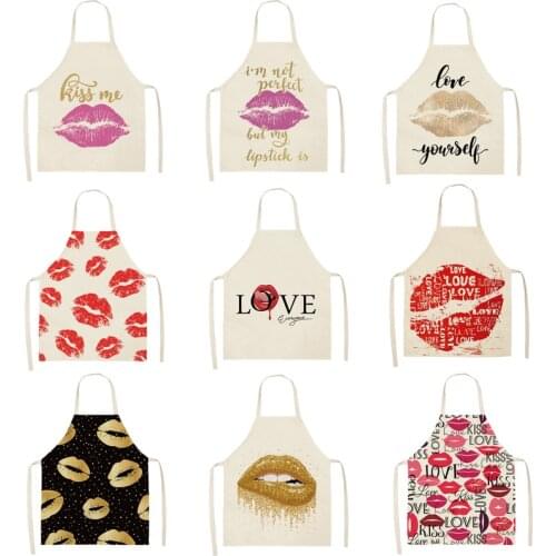 1Pcs Red Lips Retro Printed Cleaning Art Aprons Home Cooking Kitchen Apron Cook Wear Cotton Linen Adult Bibs 53*65cm WQ0087
