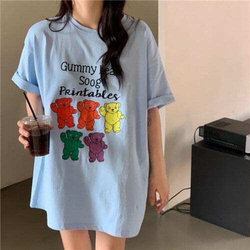 100%Cotton rainbow bear Cartoon Print T Shirts korean fashion Kawaii Short Sleeve O-neck Summer Tops American Vintage Teen Girls