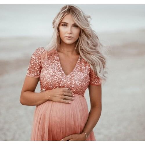 Cotton Sequins Tulle Ball Gown Maternity Dresses For Photo Shoot Long Maternity Photography Props Dresses For Pregnant Women