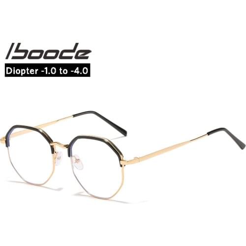 Iboode Finished Myopia glasses Diopter With -1.0 1.5 2.0 2.5 3.0 3.5 4.0 Retro Metal Half Frame Optical Nearsighted Eyewear