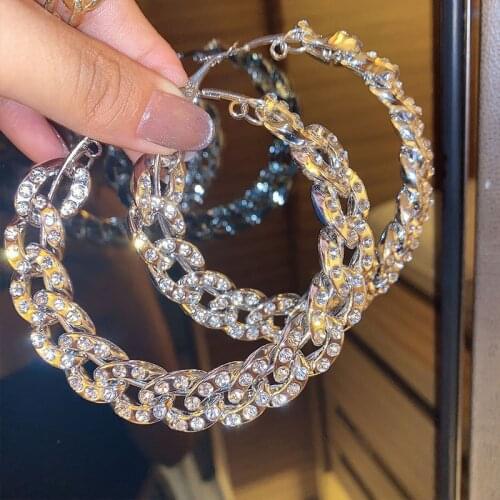 Lifefontier Fashion Oversized Big Hoop Earrings For Women Shiny Rhinestone Large Thick Chain Round Circle Earrings Punk Jewelry