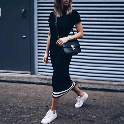 Fashion Women Slim Long Dress Striped Short Sleeves O Neck Tight Sporty Pencil Dress Women Summer Casual Bodycon Tshirt Dress