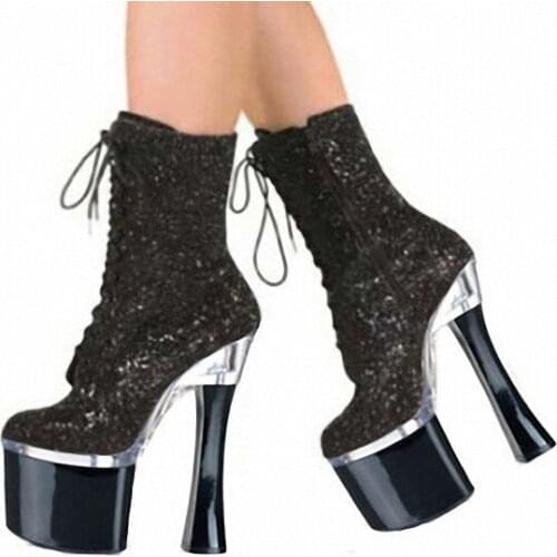 Fashion Bling High Heels Women Short Boots Sexy Lace Up High Platform Boots Charming Stripper Shoes Night Club Dancing Boots