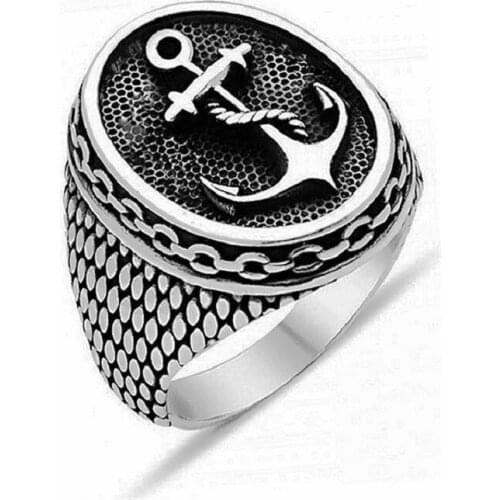 POTCET Mens Ring Stainless Steel Navy Anchor Titanium Steel Adjustable Retro Jewelry