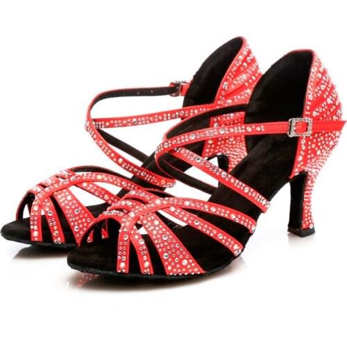 New Womens Latin Dance Shoes Satin Dancing Shoes Glitter Rhinestone Professional Dance Shoes 2 Color 6/7.5/8.5cm A131