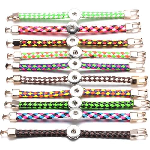 Hot Sale 12 Colorful Beauty Retro Handmade Braided PU Leather Bracelet Snap Button Bracelet fit 18mm Snap Buttons Jewelry Women