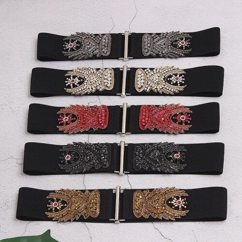 Luxury Geometric Crystal Beading Waist belts For Women Handmade Rhinestone Elastic Waistband Hook Buckle Dress Shirt Belt Strap