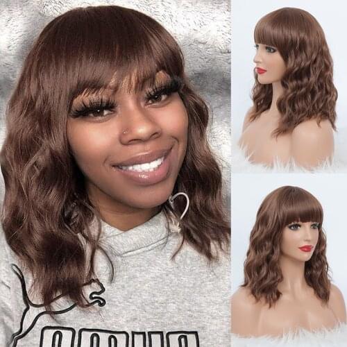Beauebony Synthetic Wig With Bangs Auburn Wigs For Women Bob Wavy Wig Daily Use Blonde Black Heat Resistant Wigs Synthetic Hair