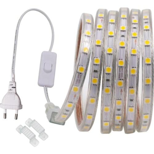 220V LED Strip Outdoor Lighting 5050 60leds/m Flexible Led Tape Led Lights With Switch Power Plug Waterproof Ribbon Home Decor