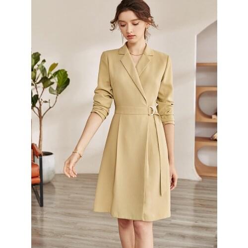 Intellectual ol suit dress womens 2021 autumn new style temperament yellow slim tie A-line skirt