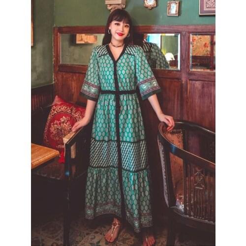 Summer New Womens Bohemian Travel Vacation Beach Style Dress Ethnic Style Retro Printed Tassel Short-Sleeved Loose Long Dress