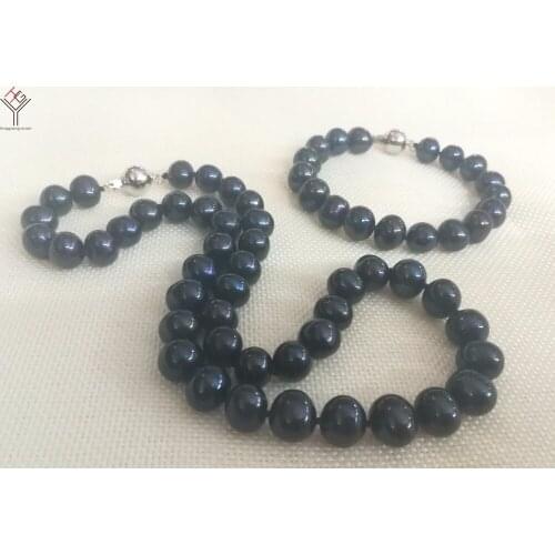 Women Jewelry 100% real pearl necklace bracelet set Natural pearl AAA 9x10mm black colors highlight pearl gift