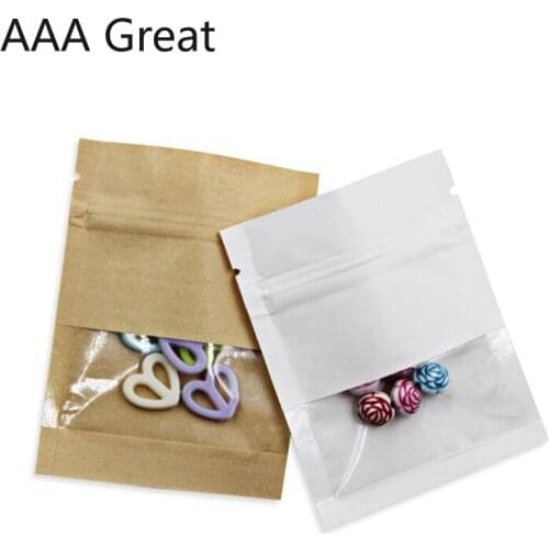 100Pcs/Lot Kraft Paper Zip Lock Bag Gift Jewelry Bags Window Thick Packing Candy Nuts Chocolate Food Storage Pouches Brown White
