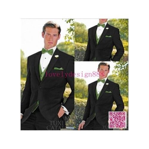 2015 Black Jacket With Green Vest Groom Tuxedos Groomsmen Best Man Suits Mens Wedding/Business Tuxedos Party Dress