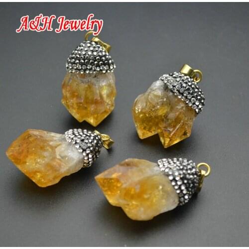 5pcs Natural Semi-precious Stone Yellow Color Crystal Crystal Pointed With Rhinestone Paved Pendants