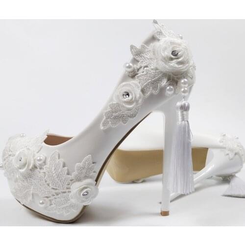BaoYaFang White flower Tassel Wedding shoes Bride woman High heels Pumps Women Round Toe fashion shoes Thin Heel Party Pumps