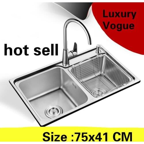 Free shipping Apartment luxury kitchen double groove sink wash vegetables 304 stainless steel vogue hot sell 750x410 MM