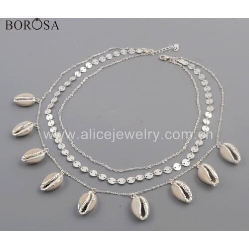 BOROSA 2PCS Natural Cowrie Shell Beads Mutliple Layers Copper Chains Necklace Wholesale Jewelry G1736