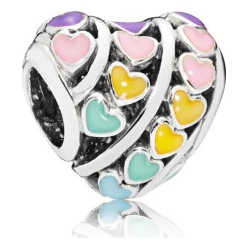 Genuine 925 Sterling Silver Bead Multi-colour Hearts Charm Fit Pan Bracelet & Necklace Bangle Diy Women Jewelry