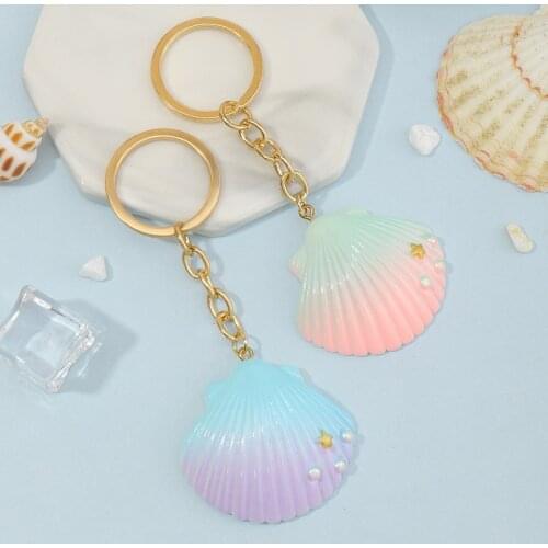 Cute Blue Pink Gradient Seashell Keychains for Women Colors Fan Shell Key Chains Girl Scallop Keychains Kid Bag Dangle Key Rings