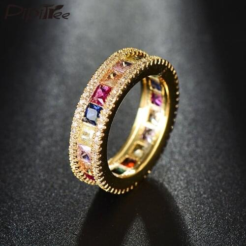 Pipitree Brand New Luxury Rainbow CZ Zircon Ring Gold Engagement Wedding Rings for Women Crystal Jewelry Anillo Femme Bague