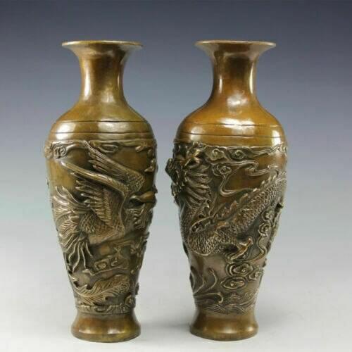 Dragon Phoenix old Estate incense burner VASE censer bronze pot antique A pair
