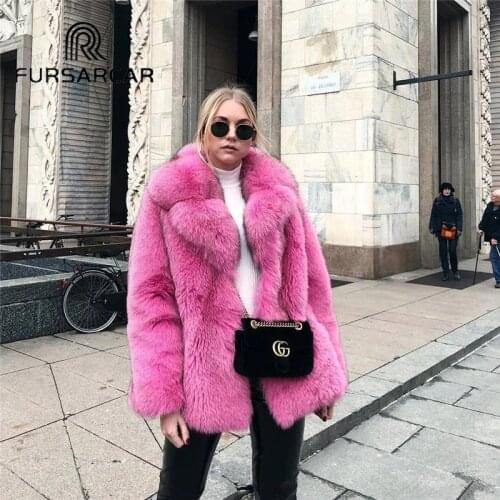 FURSARCAR Womens Real Fox Fur Coat With Turn-down Collar 70 CM Long Genuine Fox Fur Female Jacket Winter Fur Coat