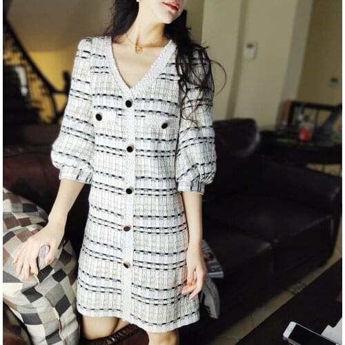 Cute sweet girls v-neck single breasted half lantern sleeve mini tweed dresses 2020 summer slim weave dress Y645