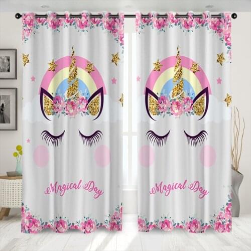 Cartoon Cute Expression Lace Unicorn Digital Printing Curtain Blackout Curtains for Kids Girls Bedroom Tatami Bed Living Room