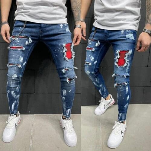 Men Oil Paint Ripped Jeans High Quality Skinny Man Denim Pencil Pants Biker Jogging Hip-Hop Cowboy Trousers Free Shipping