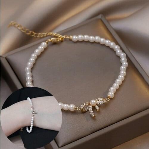 New Trendy Women Gold Color Rhinestones Bowknot Pearl Elegant Bracelet for Women Dainty Adjustable Bracelet