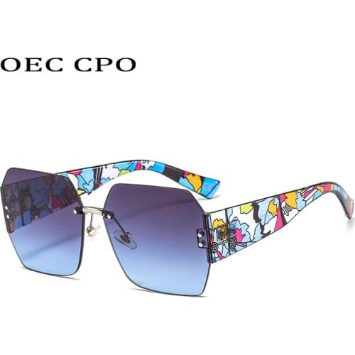 OEC CPO Fashion Rimless Sunglasses Women Square Goggle Glasses Female Brand Trend Flower Legs Shades Uv400 Vintage Eyeglasses