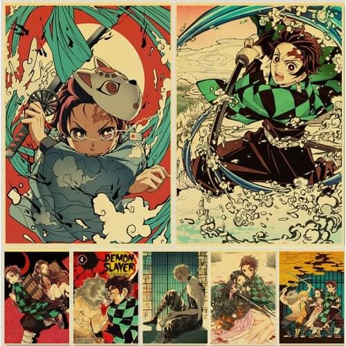WTQ Retro Poster Demon Slayer: Kimetsu No Yaiba Tanjirou Nezuko Anime Poster Wall Decor Wall Art Picture Room Decor Home Decor