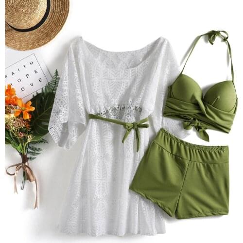 Sexy 3 Piece Bikini 2020 Women Lace Up High Waist Swimsuit Cover Up Mesh Beach Swimwear Summer Bathers Lace Crochet Bikini Set