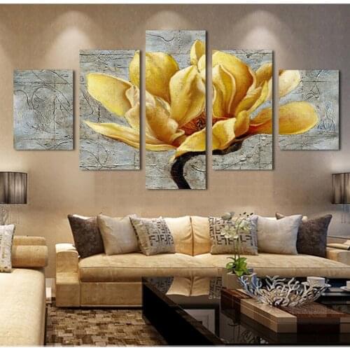 Modern Poster HD Printed 5 Pieces Beautiful Golden Orchid Flower Painting On Canvas Wall Art Decor for Living Room Pictures