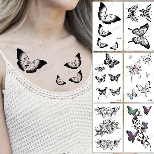 Temporary Transfer Tattoo Sticker Butterfly Rose Flower Old School Dark Sexy Flash Tatoo Wrist Neck Fake Tatto For Women Men