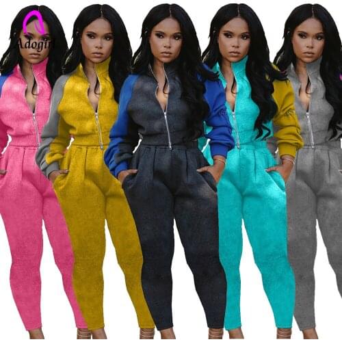 Tracksuit Color Patchwork Women Two Piece Sets 2020 Winter Lady Keep Warm Stand Collar Zipper Coat Sweatpants Activewear Outfits