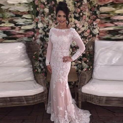 Elegant Scoop Neck Appliques Lace Mermaid Evening Dresses Long Sleeve robe soiree longue dubai Arabic Women Formal Evening Gown