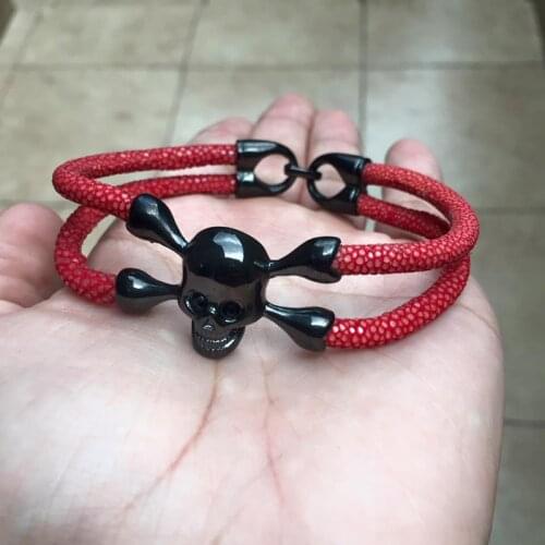 10pcs)Beichong Punk Blue Stingray Bracelet Genuine Leather Bracelet Gold Stainless Steel Skull Bracelet for Women Men Gift