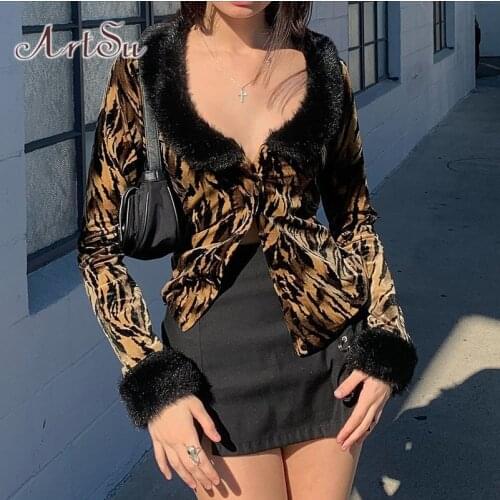 ArtSu Aesthetics Tiger Pattern Y2K Tops Vintage Fur Collar Single Breasted Long Sleeve Outerwears E-Girl Fashion Outfits TS52624