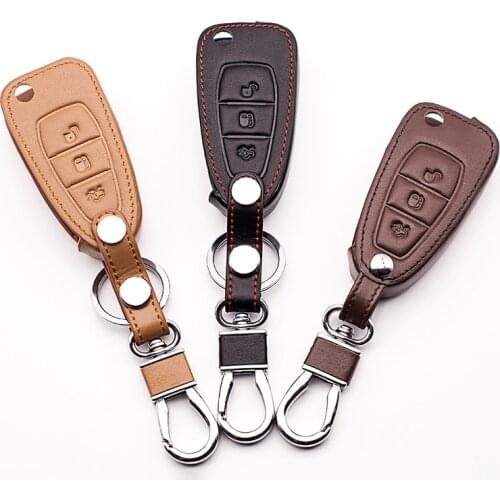 2016 Hot sale 100% car leather key case genuine leather key chain ring cover for Ford Focus 3 MK3 ST , 3 button car key case