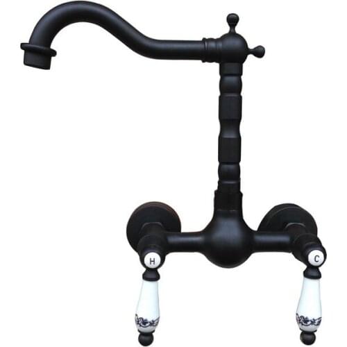 Black Oil Rubbed Brass Bathroom Kitchen Sink Basin Faucet Mixer Tap Swivel Spout Wall Mounted Dual Ceramic Handles mnf521