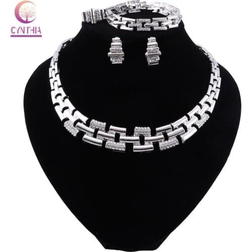 CYNTHIA Nigeria Charm Bridal Luxury Jewelry Silver Color Necklace Bracelet Earrings Ring Dubai Wedding Fashion Jewelry Set