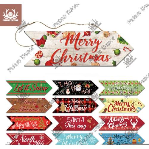 Putuo Decor Merry Christmas Signs Arrow Wood Sign Wooden Plaque Hanging Plate for Xmas Tree Snowflake Elk Gnome Home Wall Decor