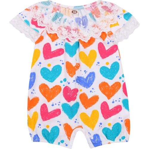 Valentines Day Outfits Newborn Infant Baby Girl Lace Ruffles Rompers Summer Heart Print Jumpsuit Clothing 2021 New