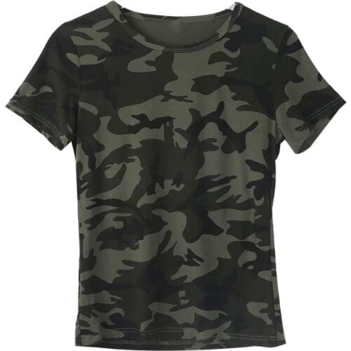 Women Camouflage Printed T-Shirt Short Sleeve O-Neck Slim Tops Cotton Blend Soft